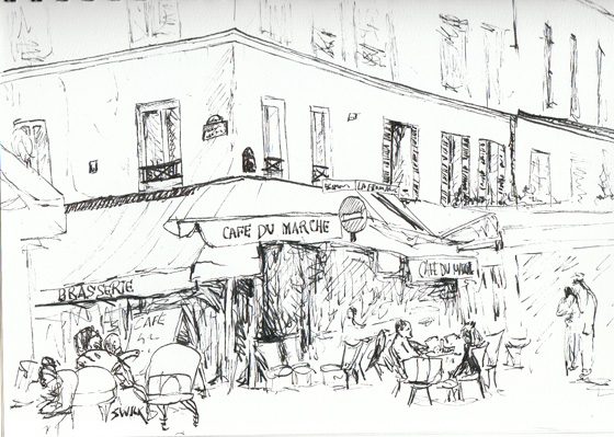 France Cafe Marche, Pen and Ink Drawing From France